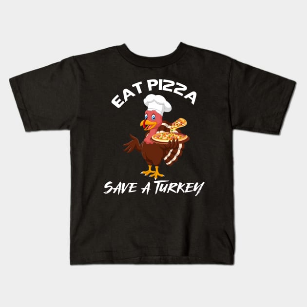 Turkey Eat Pizza Funny Thanksgiving Kids T-Shirt by Flipodesigner